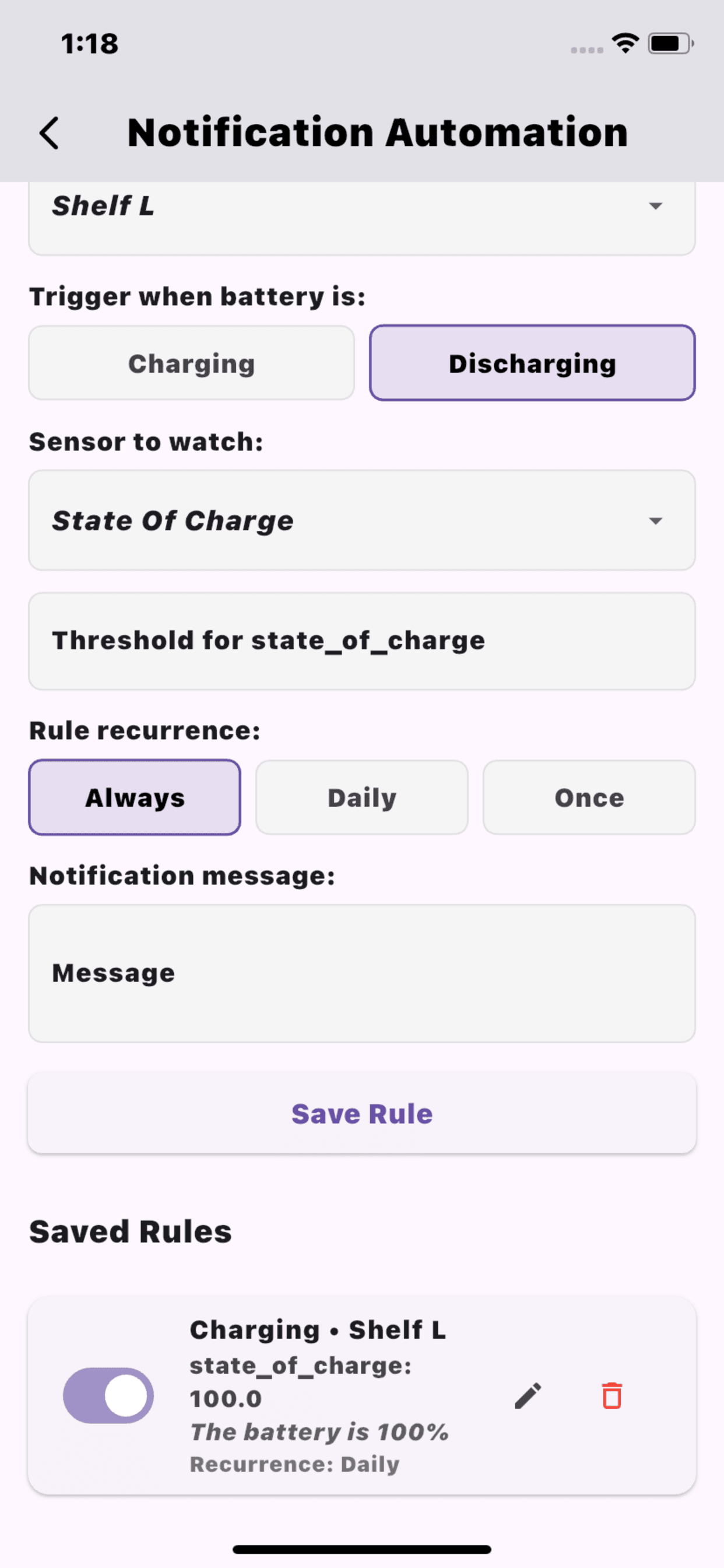 Notification automation screen